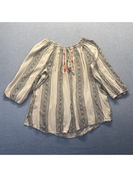 Hannah Tops - Hannah Womens Embroidered Floral Tassel Top Shirt Blouse Size XL